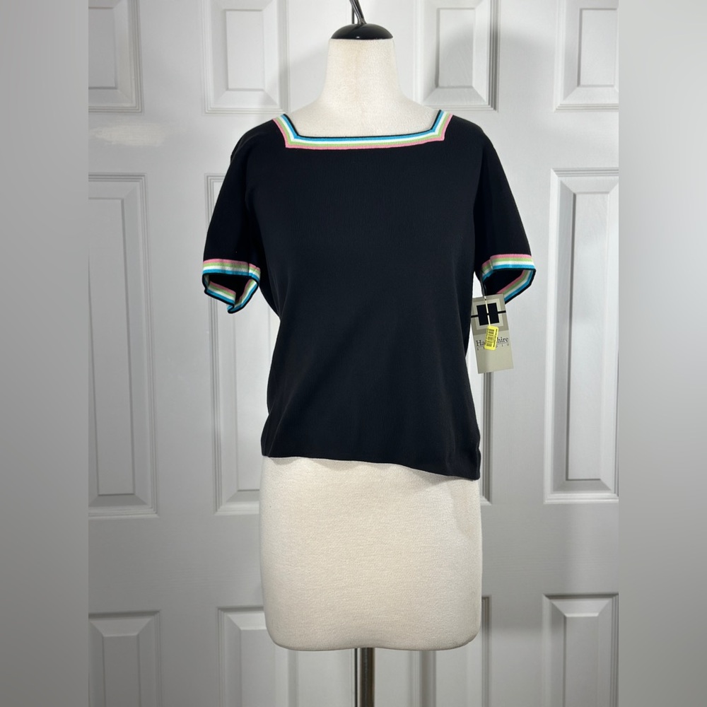 NWT Vintage Hampshire Studio knitted boatneck black multicolored trim size Large